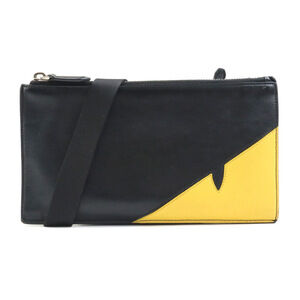 Fendi Monster Shoulder Bag Leather Canvas Black Yellow